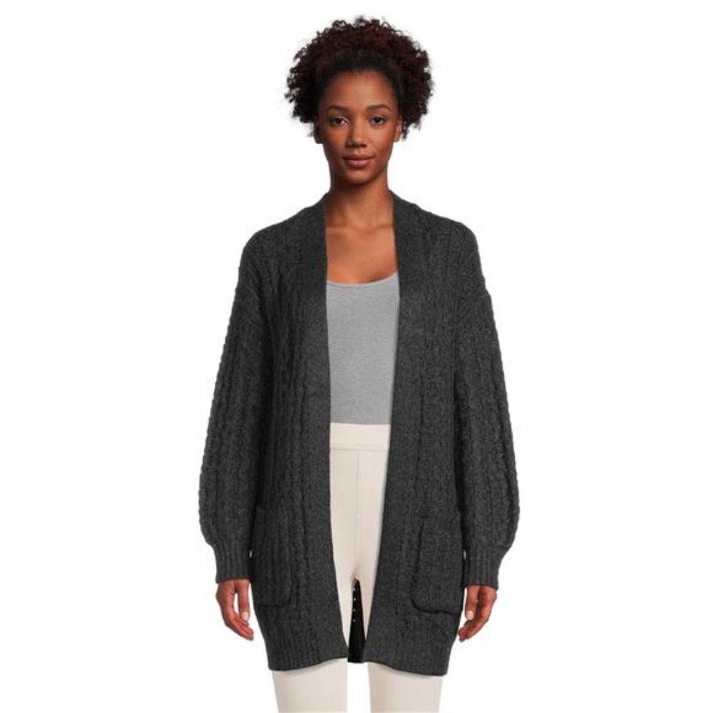 Women's Open Front Cable Knit Cardigan, Heavyweight Winter Wear L Size NEW